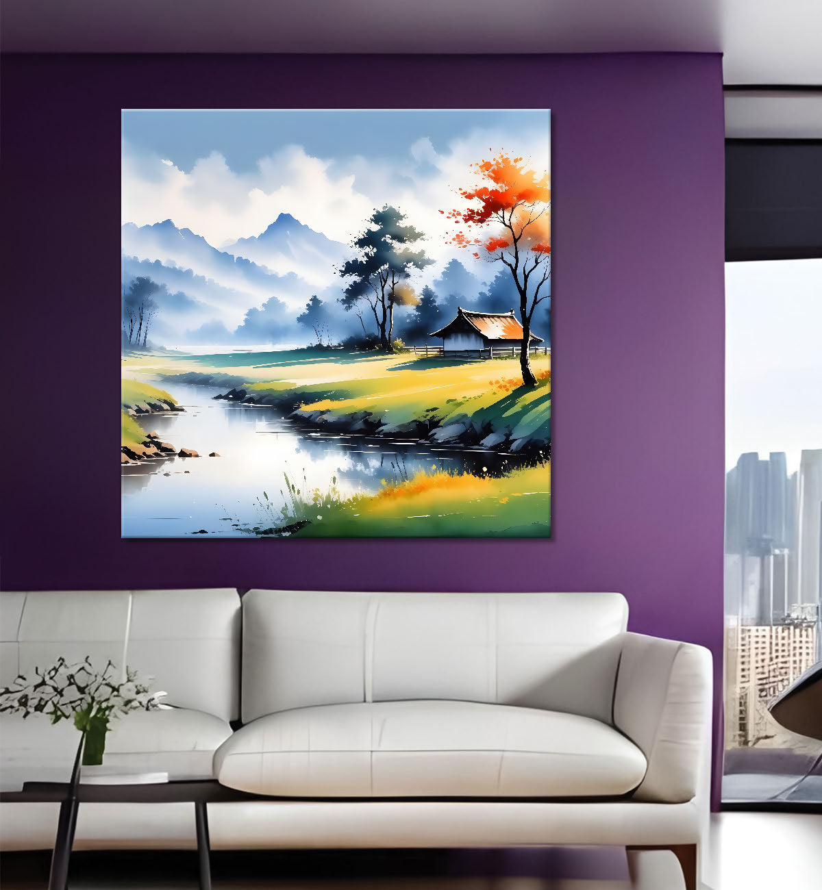 Mountains with trees and river painting Canvas Painting 24X24- Nature Art -S-60