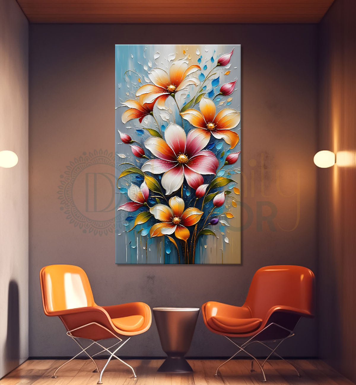 Colourful flowers in blue textured background painting - Flower-V-60