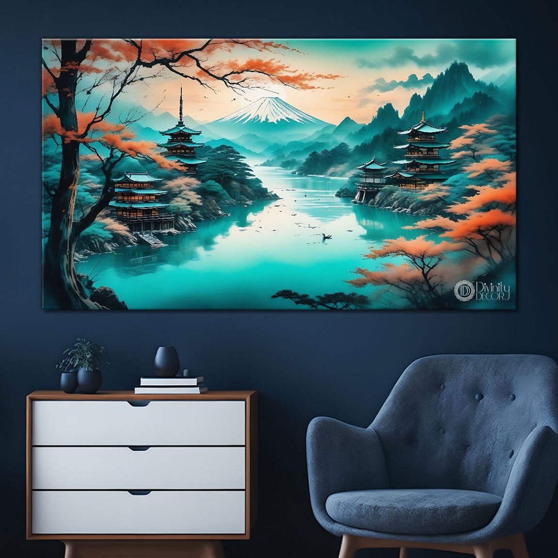 Mountains with orange trees and lake with green textured modern art Canvas Painting - Nature Art -60