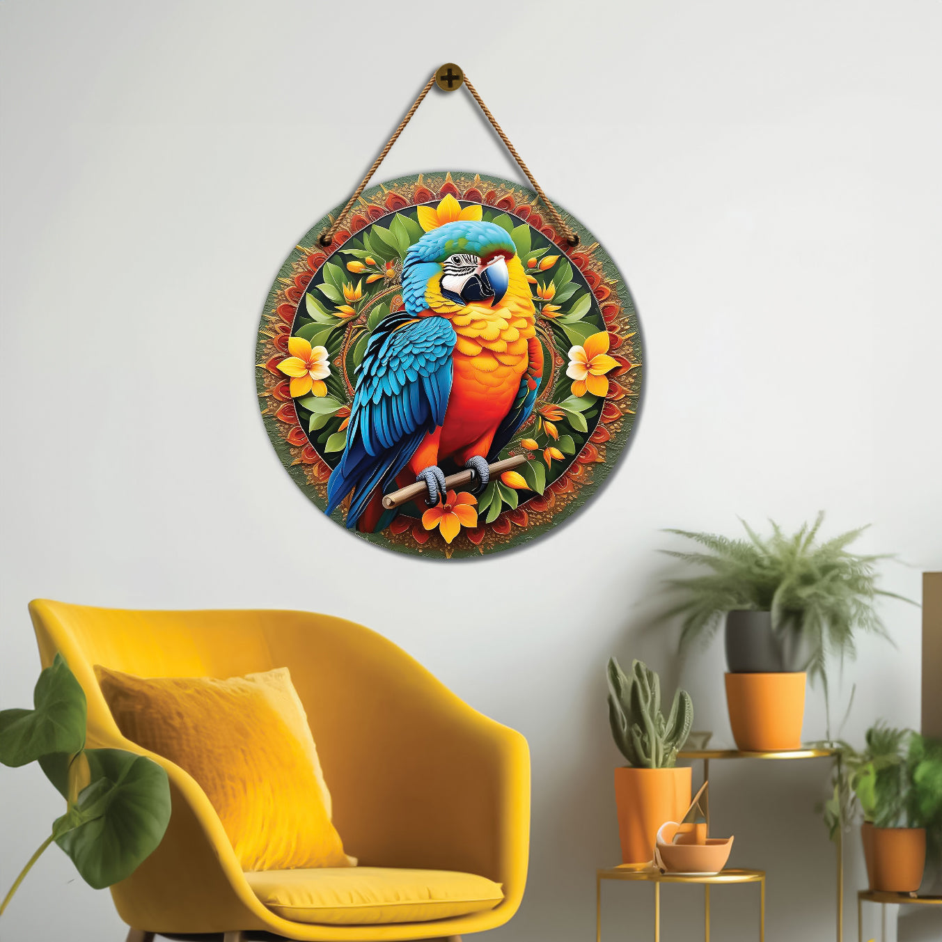 Parrot in green and yellow mandala Round Wooden Wall Hanging for wall Décor - Design - 61