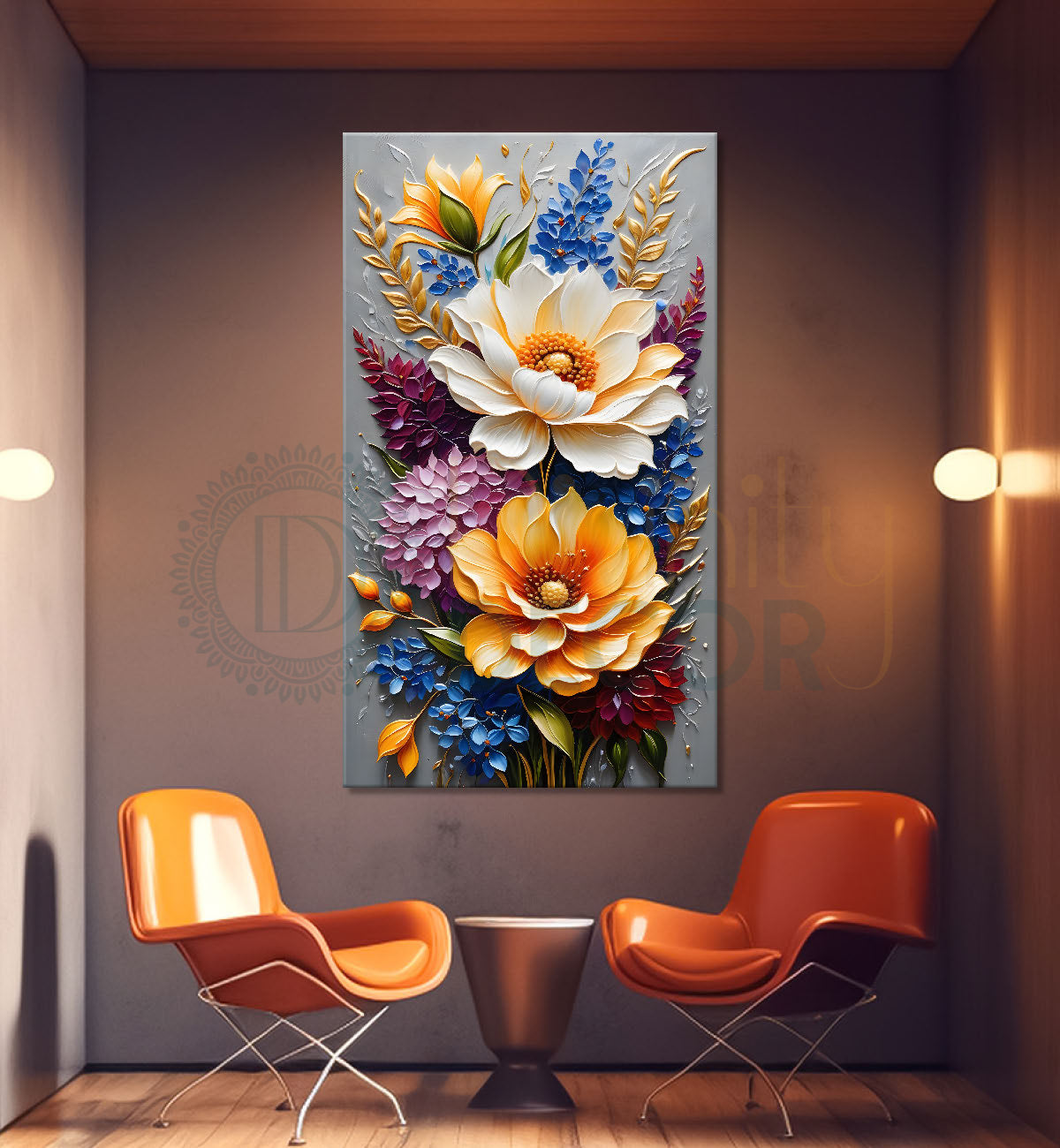 Colourful flowers in blue textured background painting - Flower-V-61