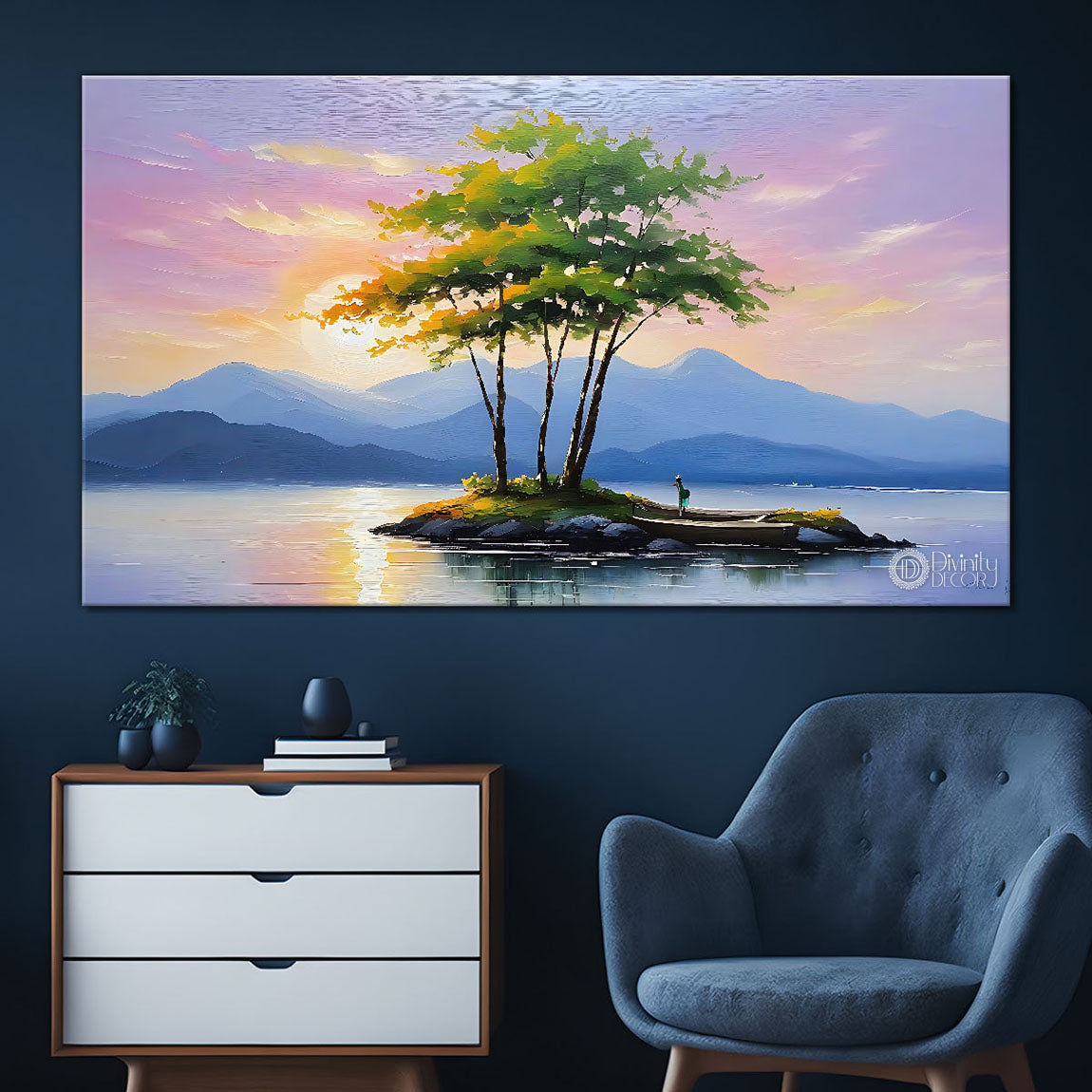 Mountains with tree in pink sky in textured natural art Canvas Painting - Nature Art -61