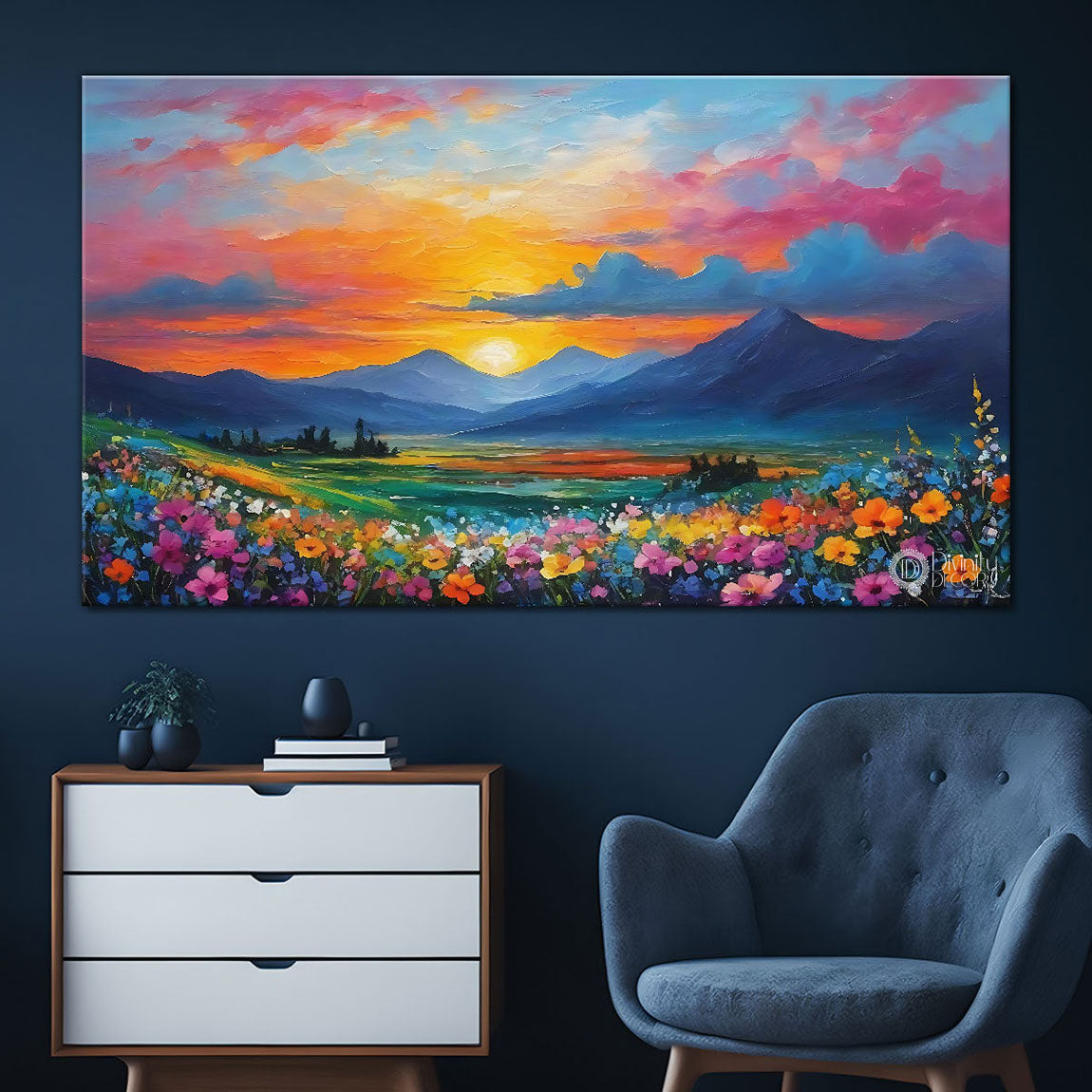Mountains with colorful flower field in textured natural art Canvas Painting - Nature Art -62