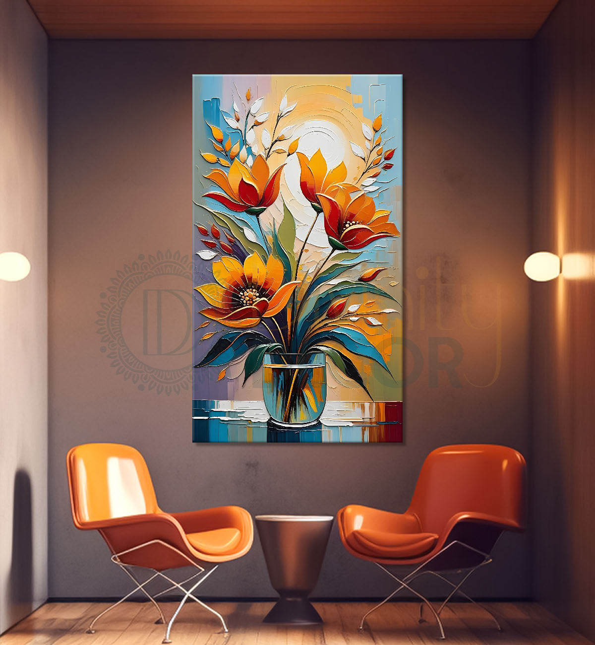 Orange flowers in blue textured background painting - Flower-V-62