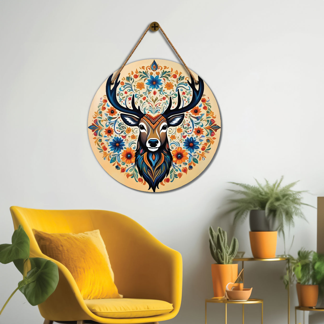 Deer in floral mandala Round Wooden Wall Hanging for wall Décor - Design - 63