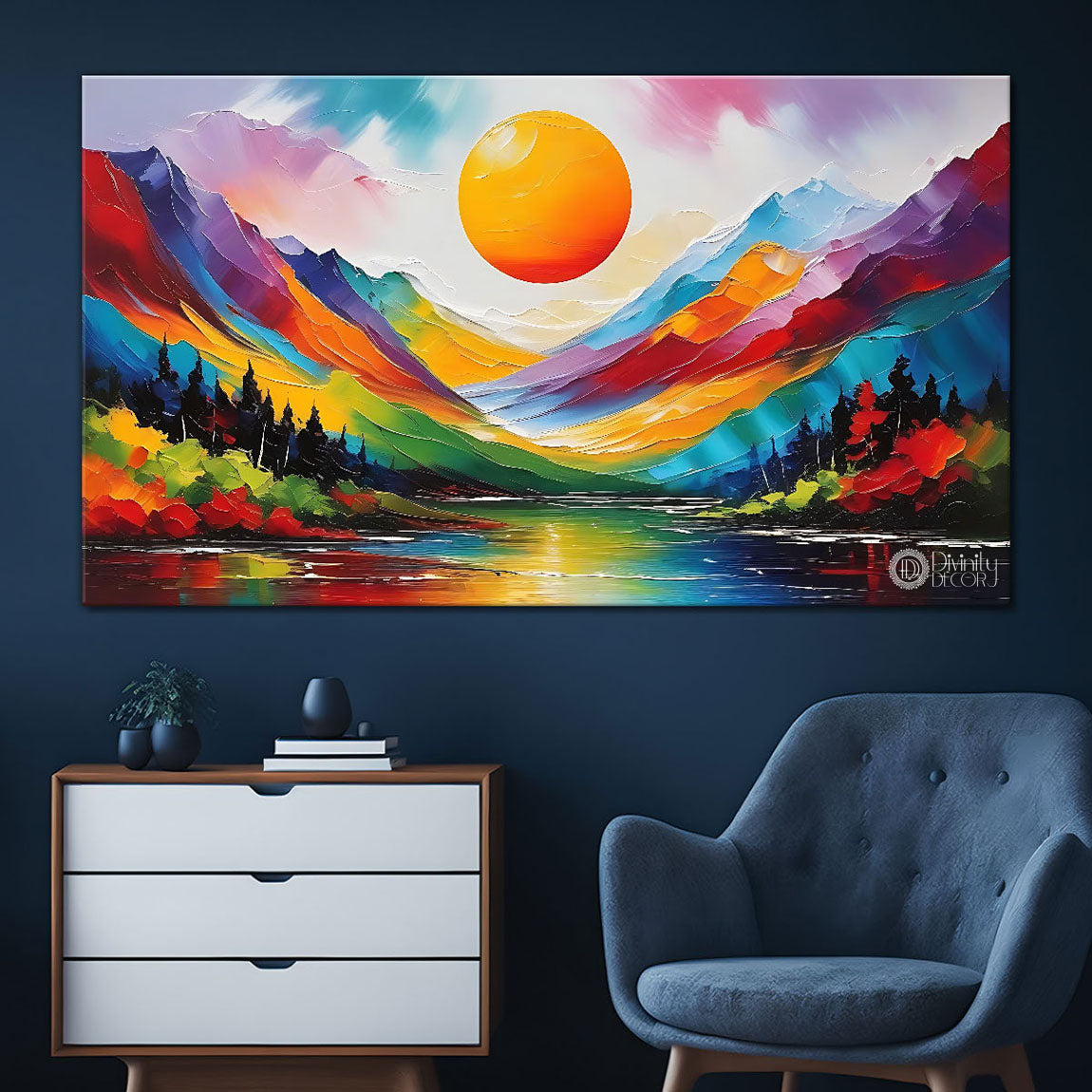 Colorful mountains with sun and lake in textured natural art Canvas Painting - Nature Art -63