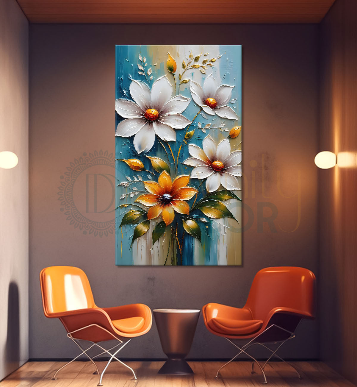 Orange and white flowers in blue textured background painting - Flower-V-63