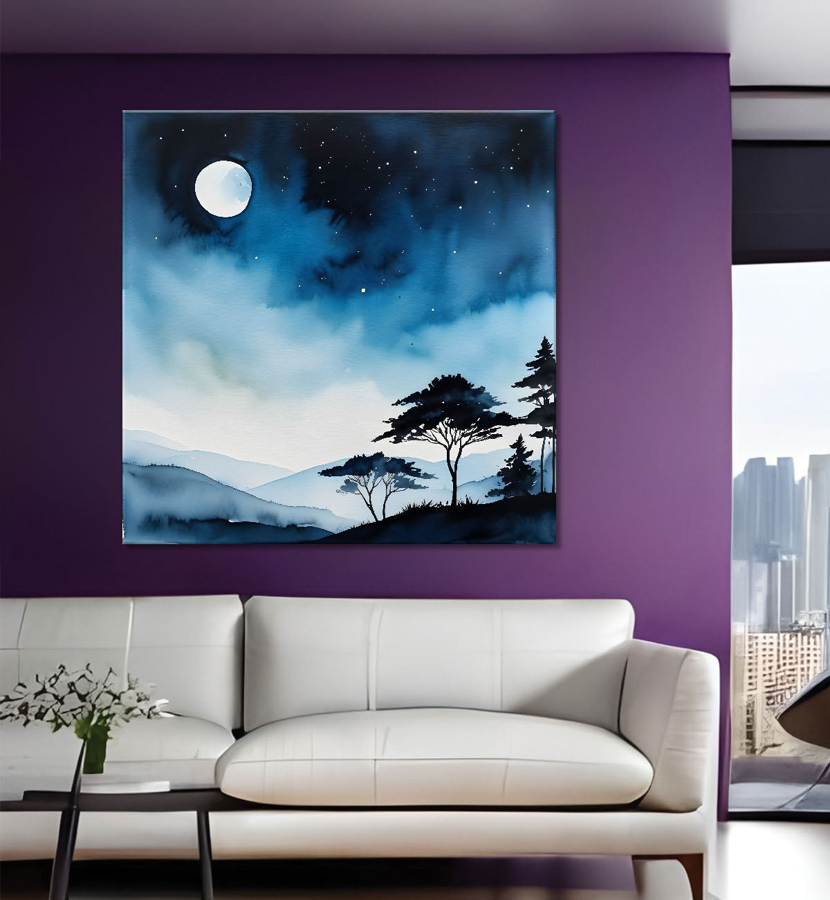 Mountains and tree with moon water colour art 24X24- Nature Art -S-63