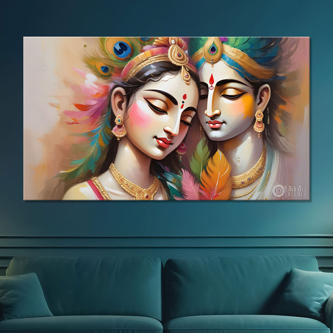 Radha and Krishna face in colorful feathers textured painting Canvas Painting - Design - Krishna-64