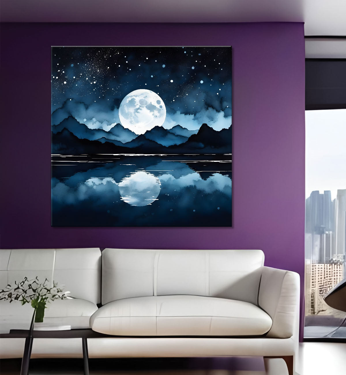 Mountains and moon and river painting 24X24- Nature Art -S-64