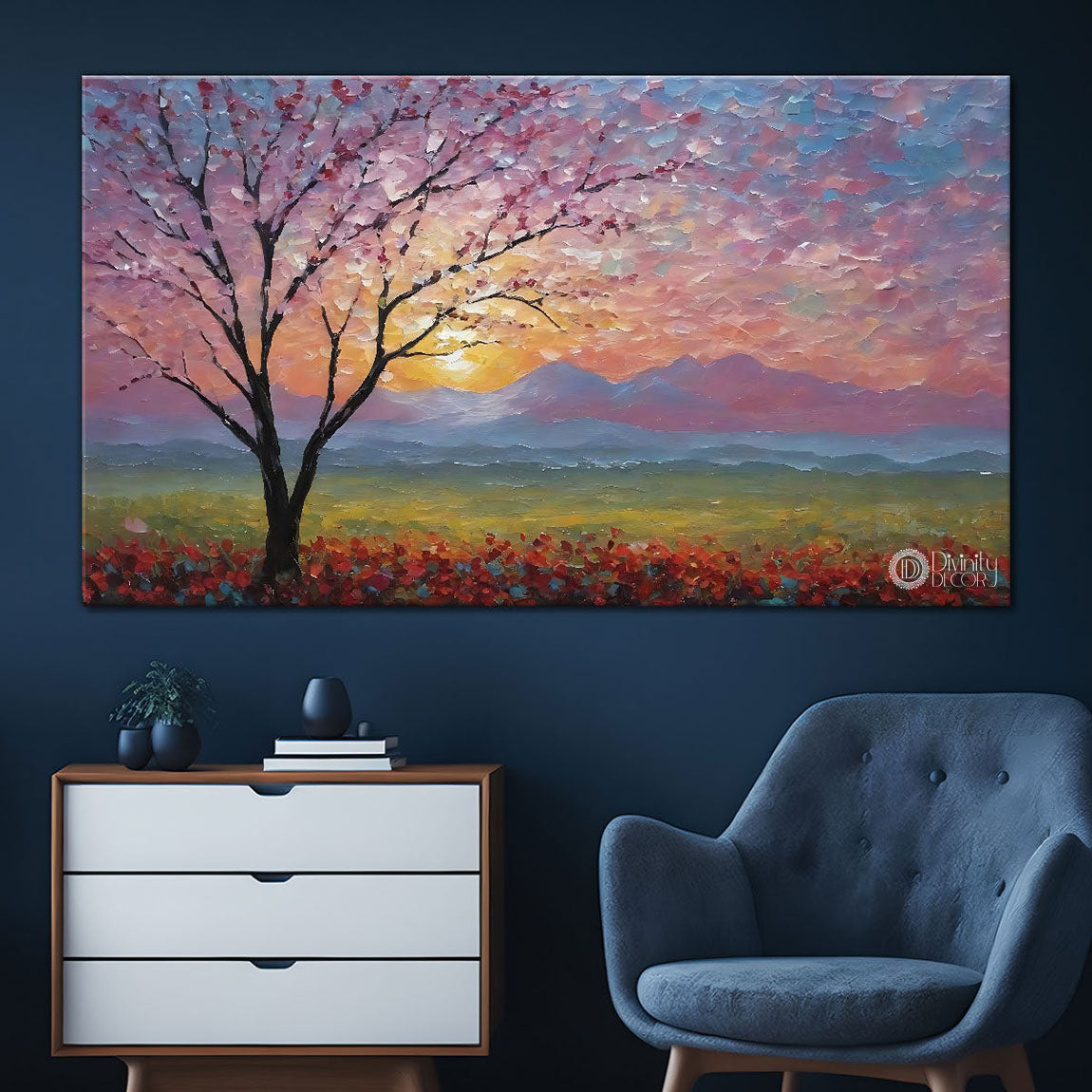 Tree with pink sky in textured natural art Canvas Painting - Nature Art -64