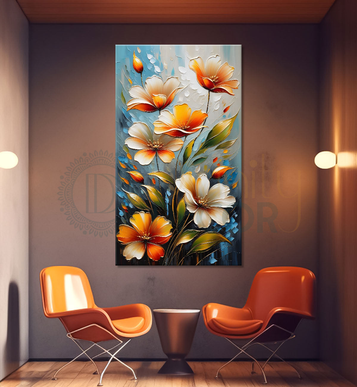 Orange and white flowers in blue textured background painting - Flower-V-64