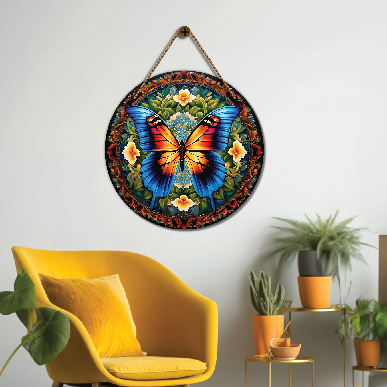 Orange butterfly in green and brown mandala Round Wooden Wall Hanging for wall Décor - Design - 64