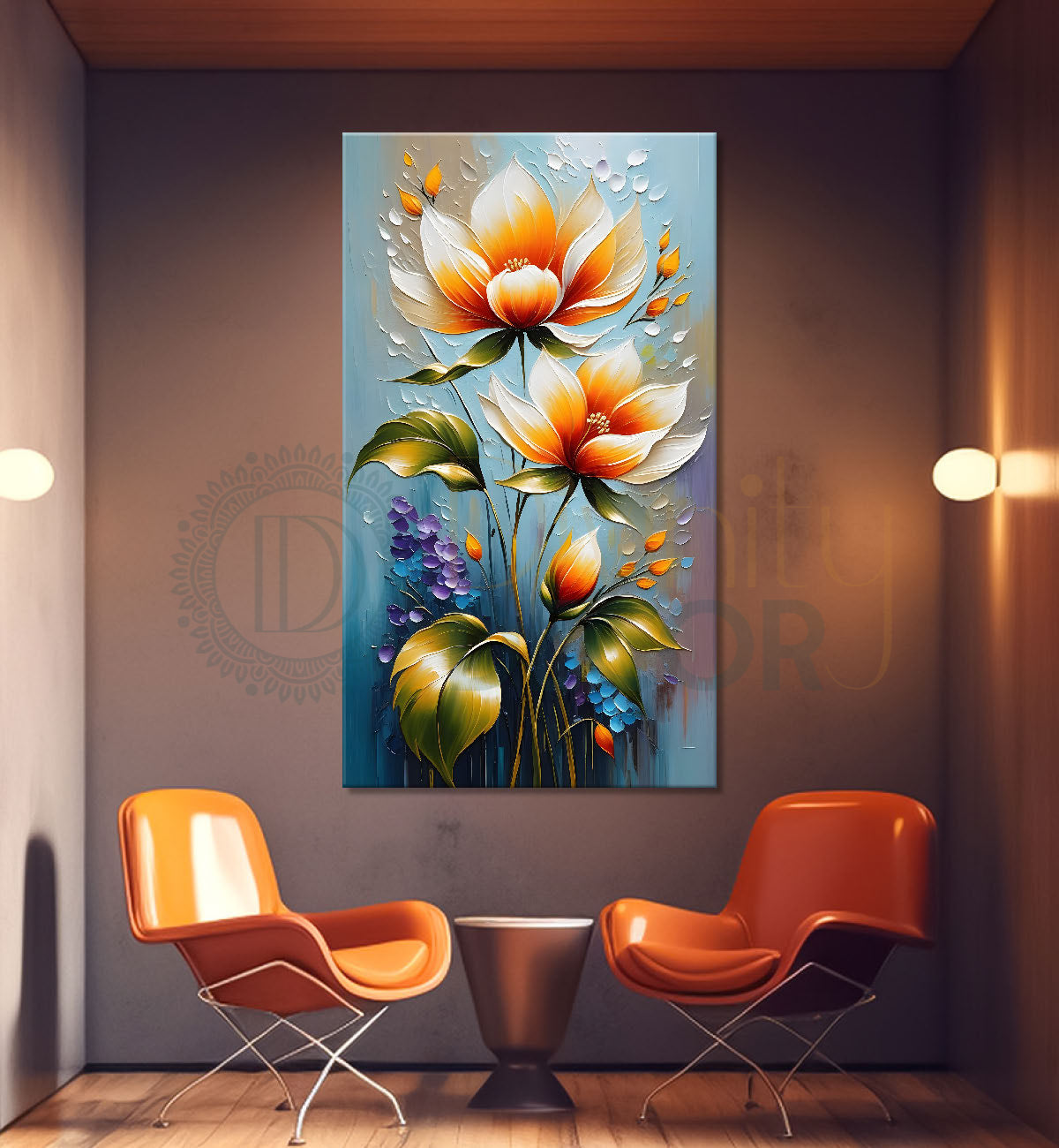 Orange flowers in blue textured background painting - Flower-V-65