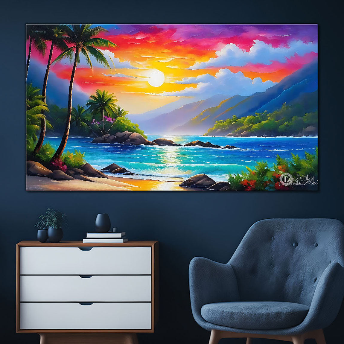 Mountains with trees and colorful sky in textured modern art Canvas Painting - Nature Art -65