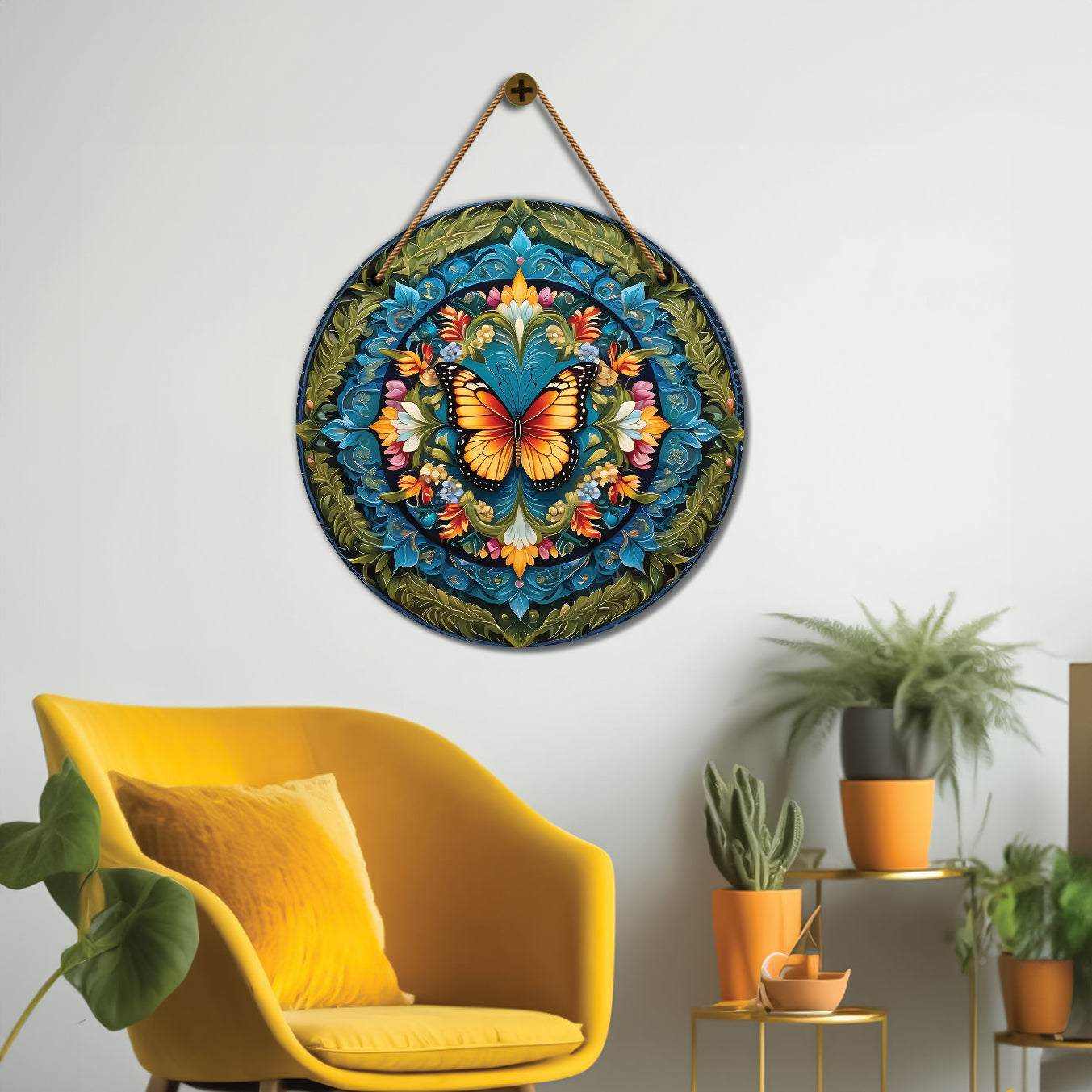 Yellow butterfly in blue and green mandala Round Wooden Wall Hanging for wall Décor - Design - 65