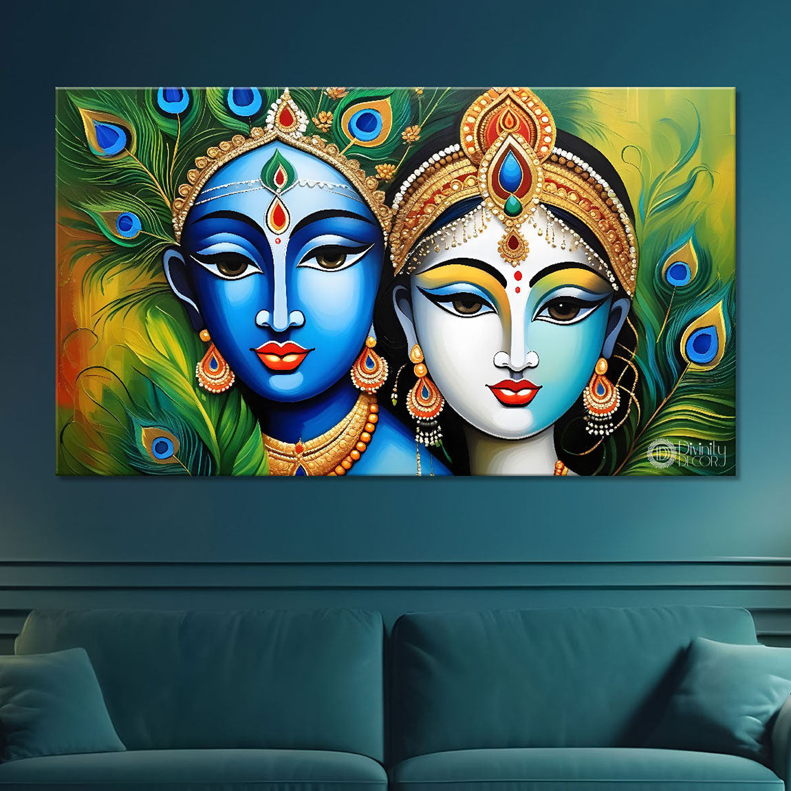 Blue face Krishna and Radha with peacock feathers painting Canvas Painting - Design - Krishna-66