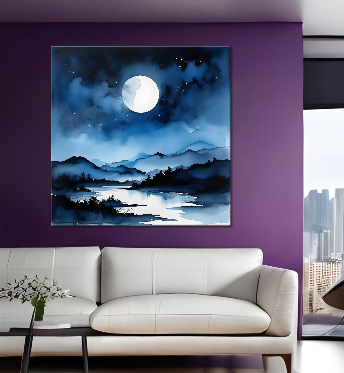 Mountains and moon and river painting 24X24- Nature Art -S-66