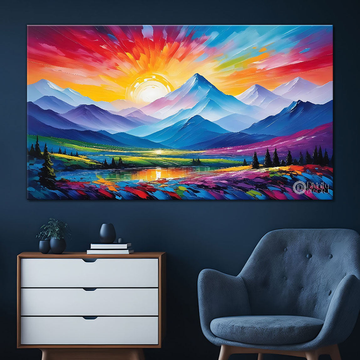 Mountains with colorful sky and flowers in textured natural art Canvas Painting - Nature Art -66