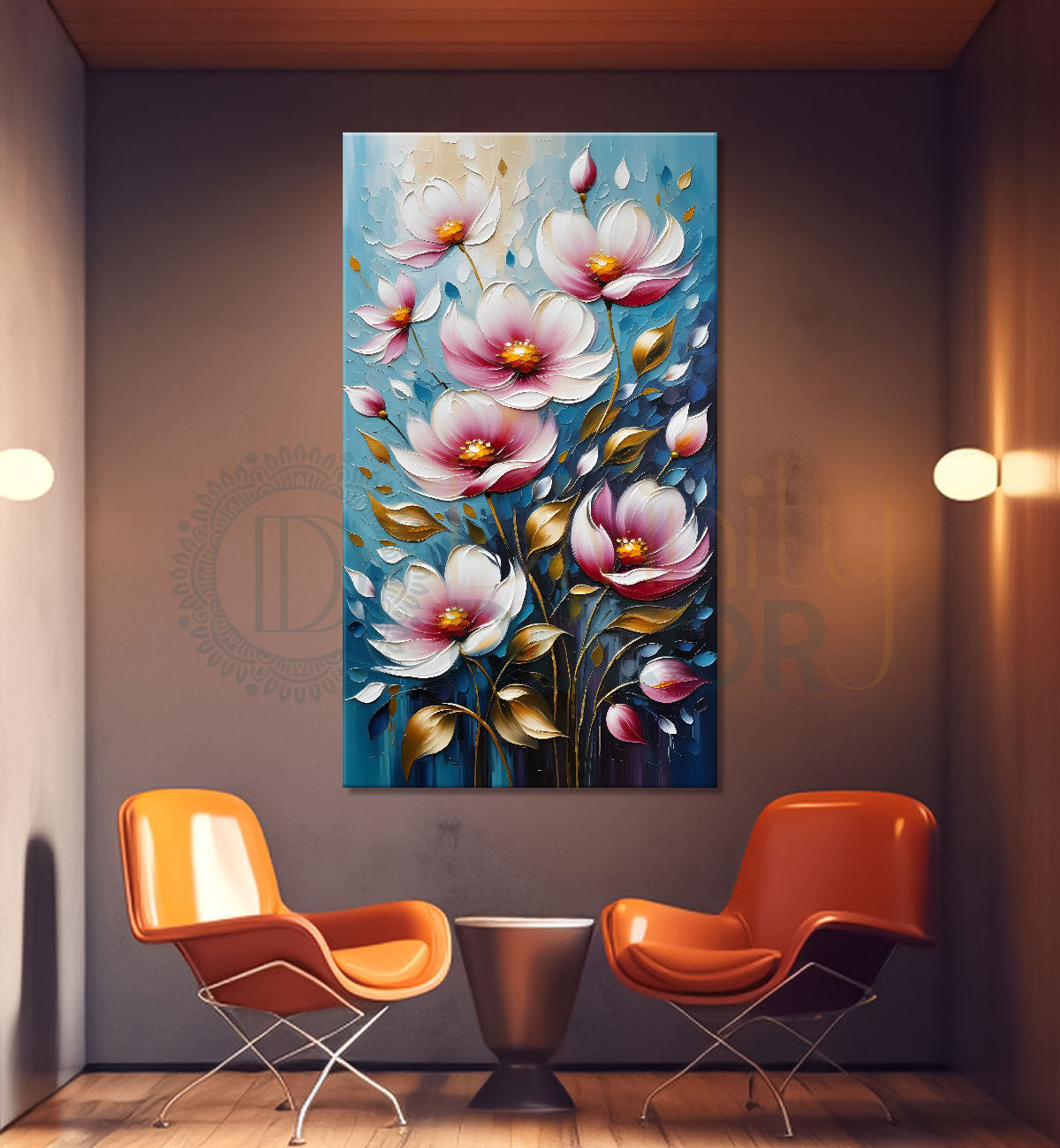 Pink flowers in blue textured background painting - Flower-V-66