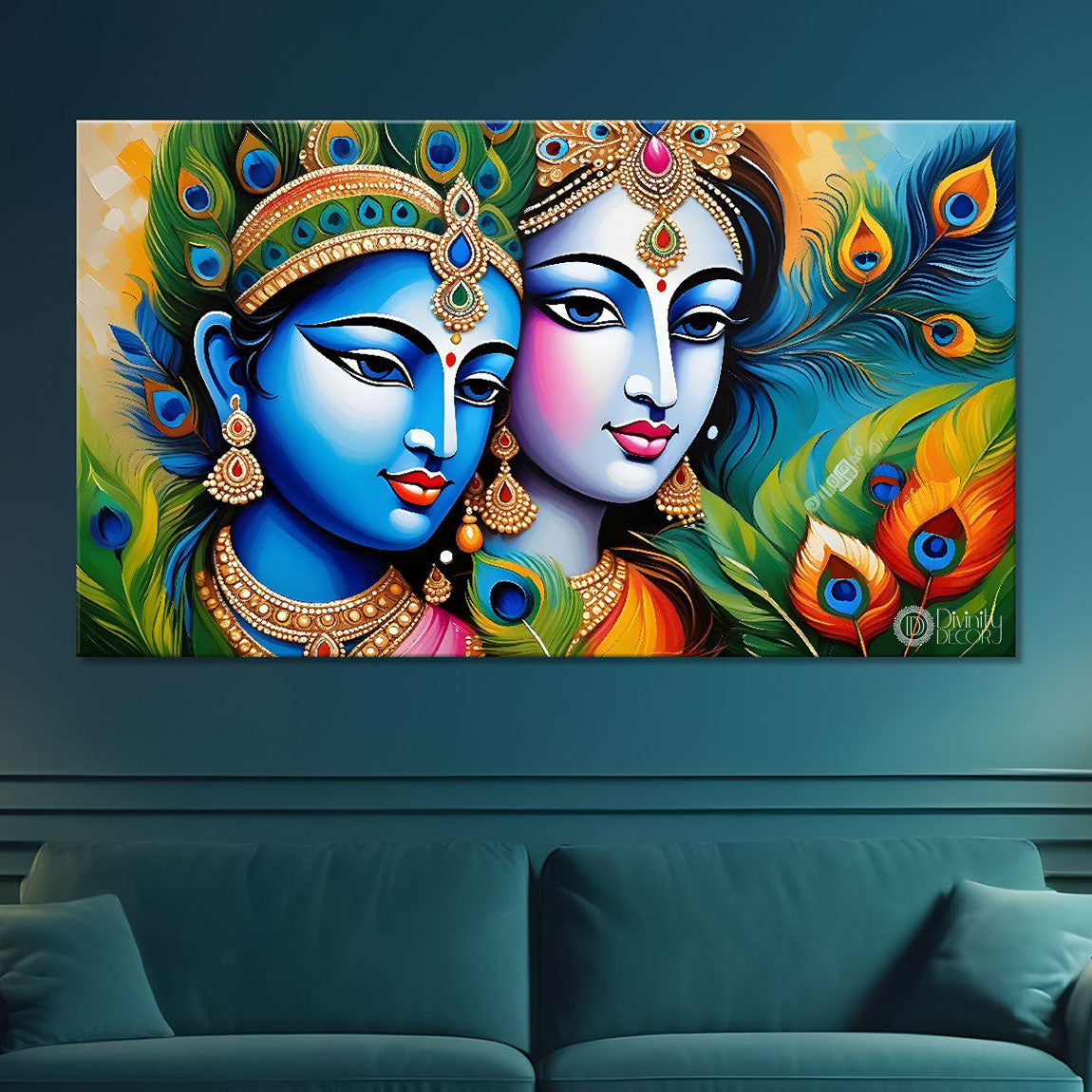 Blue face Krishna and Radha with peacock feathers painting Canvas Painting - Design - Krishna-67