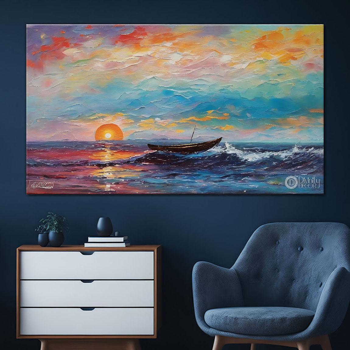 Boat on a river with sunset in textured natural art Canvas Painting - Nature Art -67