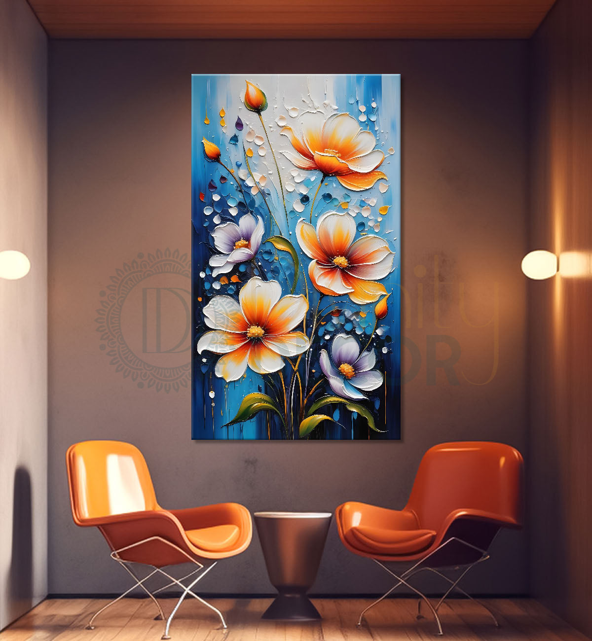 Orange flowers in blue textured background painting - Flower-V-67