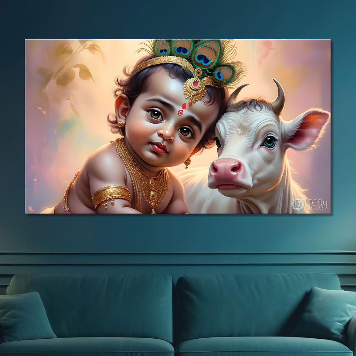 Little Krishna with baby cow painting Canvas Painting - Design - Krishna-68