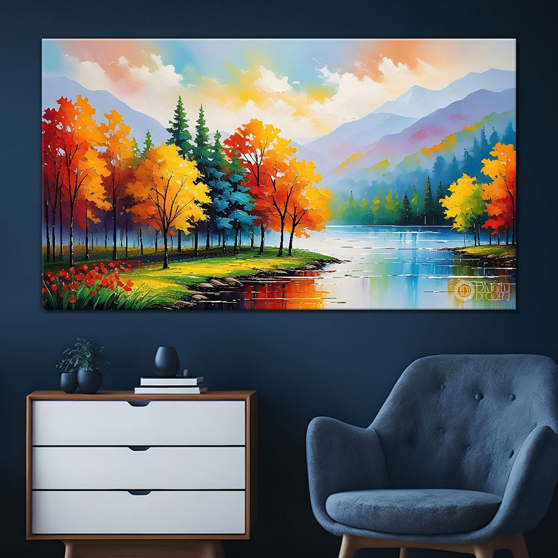 Colorful trees and lake with mountains in textured natural art Canvas Painting - Nature Art -68