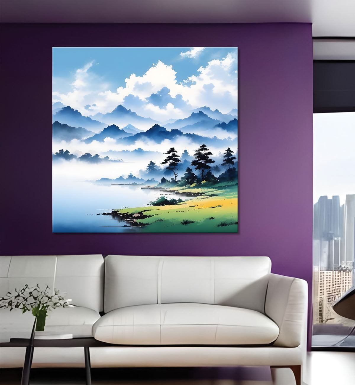 Mountains with clouds and river painting 24X24- Nature Art -S-68
