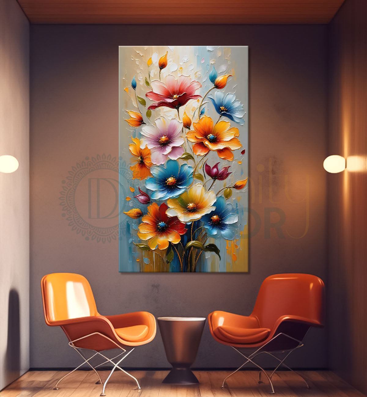 Colourful flowers in grey textured background painting - Flower-V-68