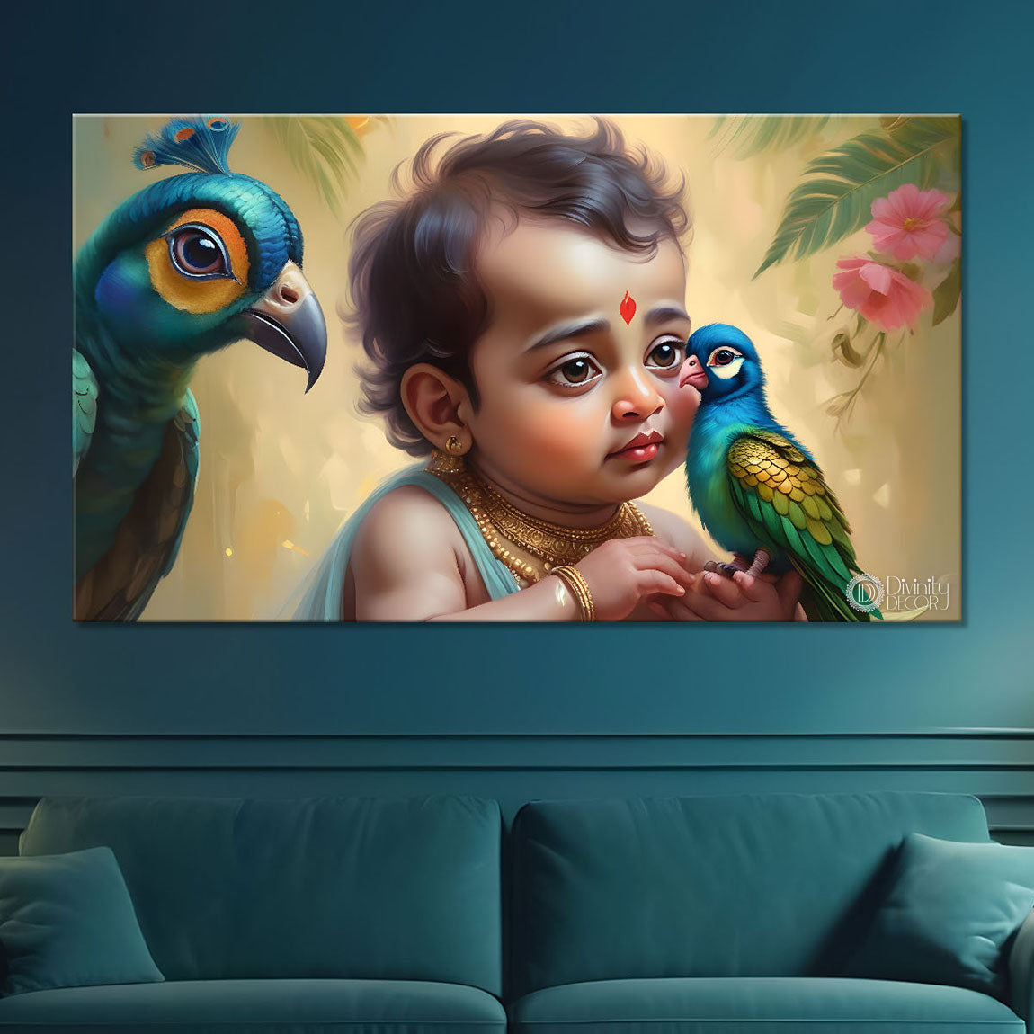 Little Krishna with peacocks painting Canvas Painting - Design - Krishna-69