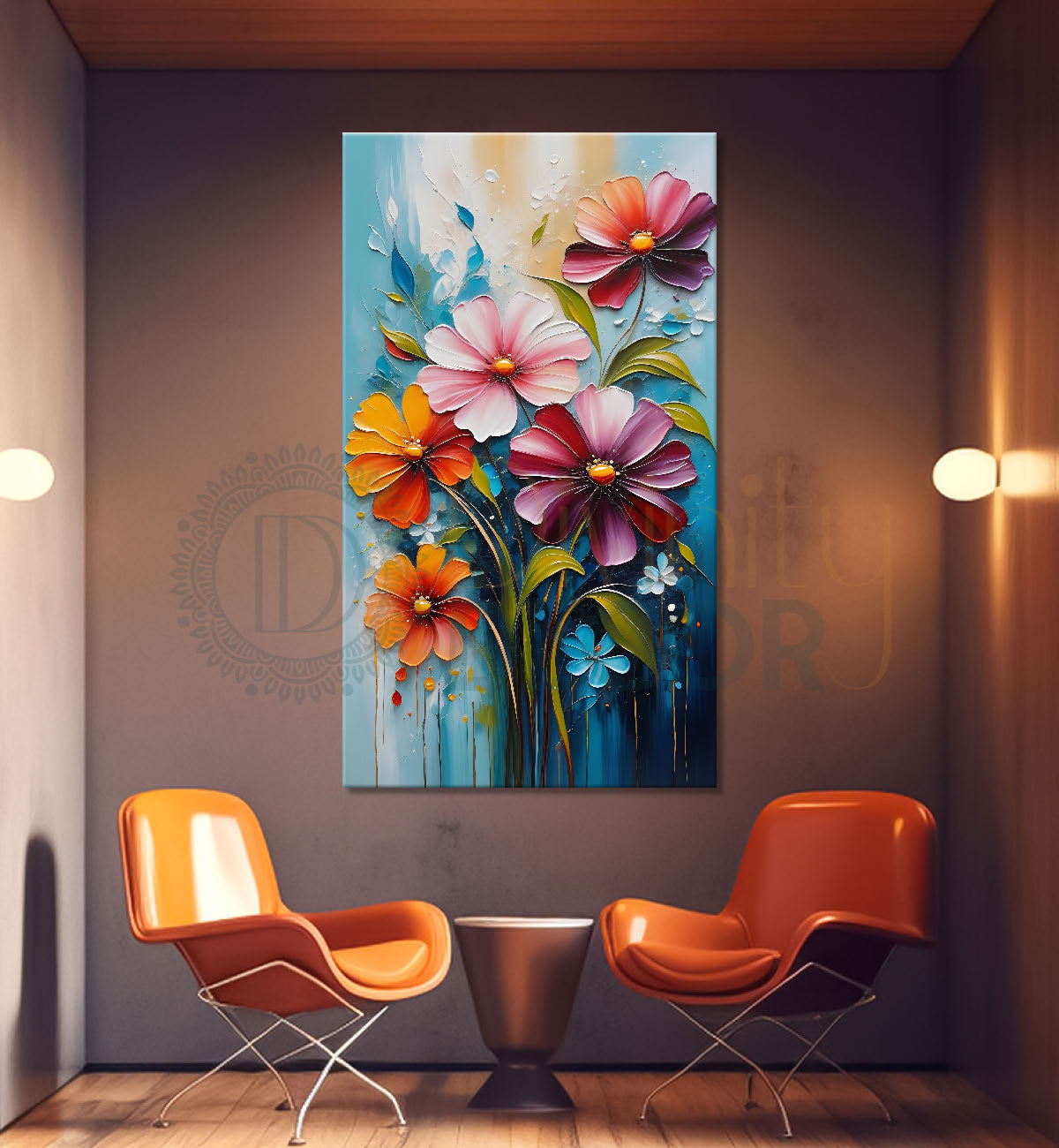 Orange and purple flowers in blue textured background painting - Flower-V-69