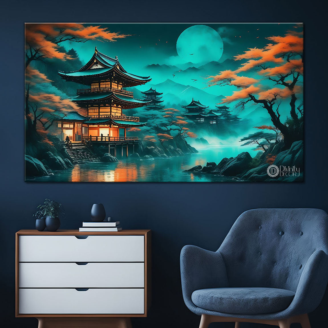 Mountains with orange trees in aqua green background in textured natural art Canvas Painting - Nature Art -69