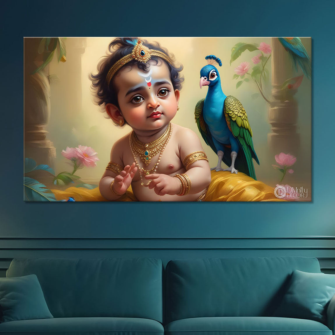 Little Krishna with peacocks painting Canvas Painting - Design - Krishna-70