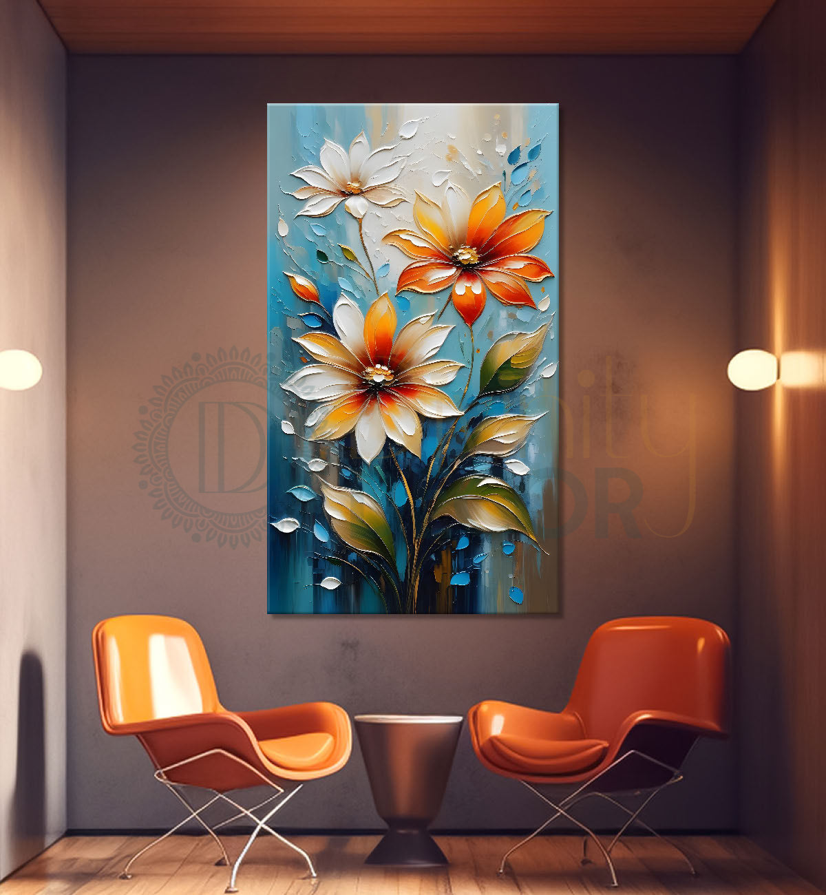 Orange flowers in blue textured background painting - Flower-V-70