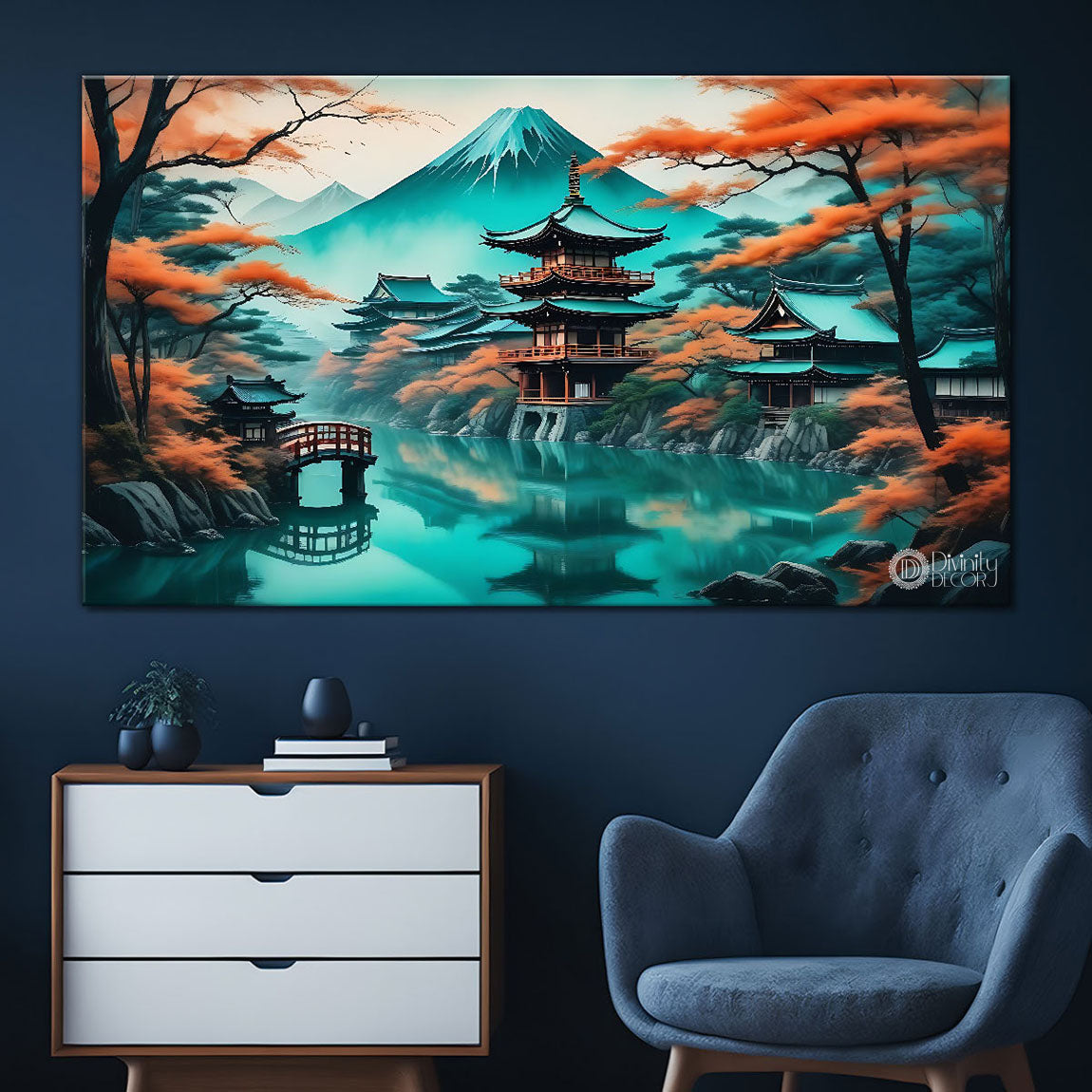 Mountains with Japanese style houses and lake in textured natural art Canvas Painting - Nature Art -70
