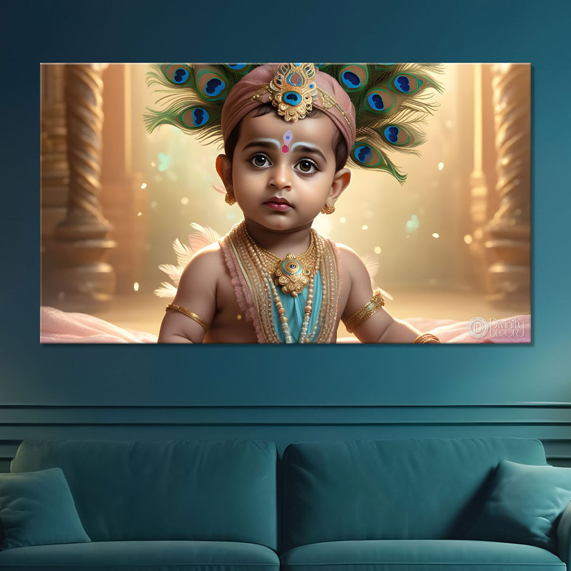 Baby with peacock feather crown painting Canvas Painting - Design - Krishna-71