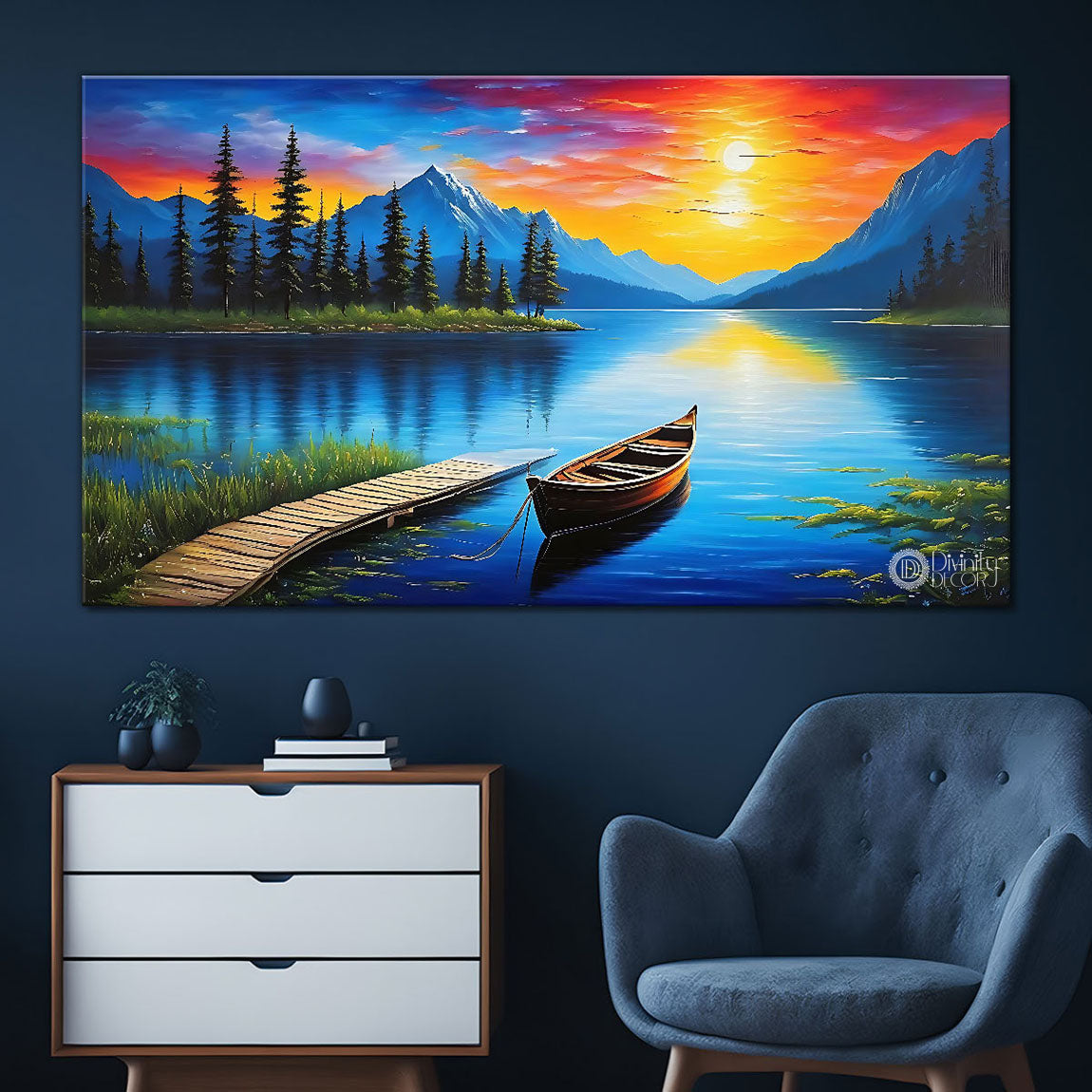 Mountains with river and sunrise in textured natural art Canvas Painting - Nature Art -71