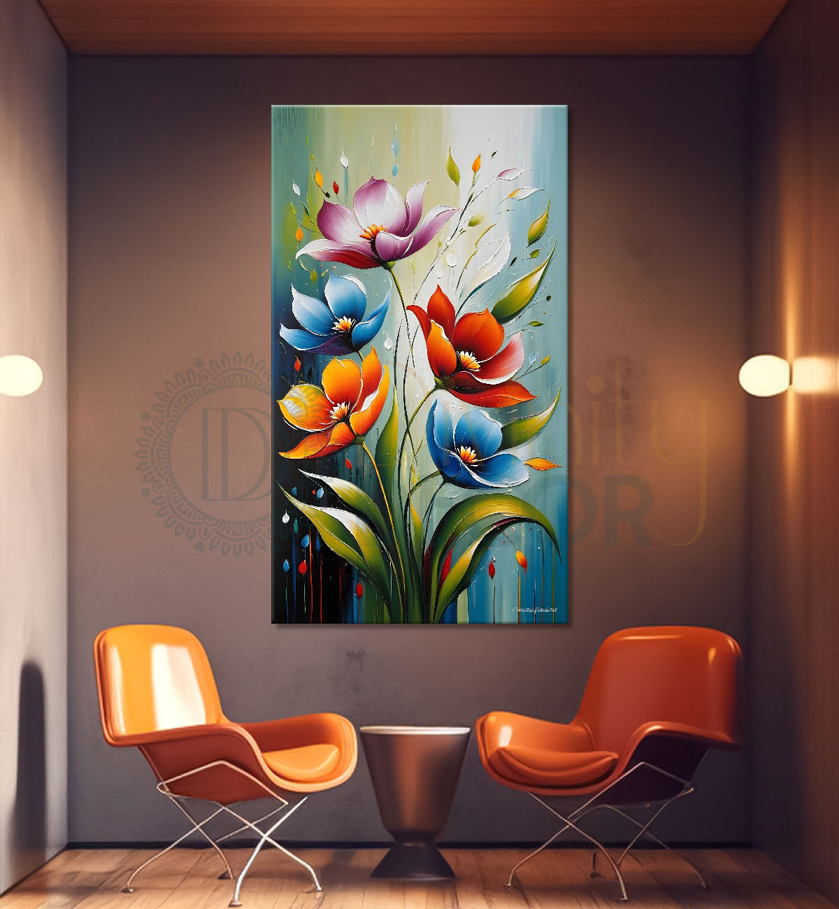 Colourful flowers in grey textured background painting - Flower-V-71