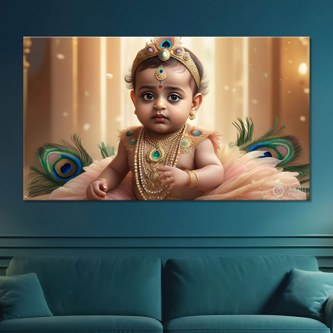 Baby with peacock feathers painting Canvas Painting - Design - Krishna-72