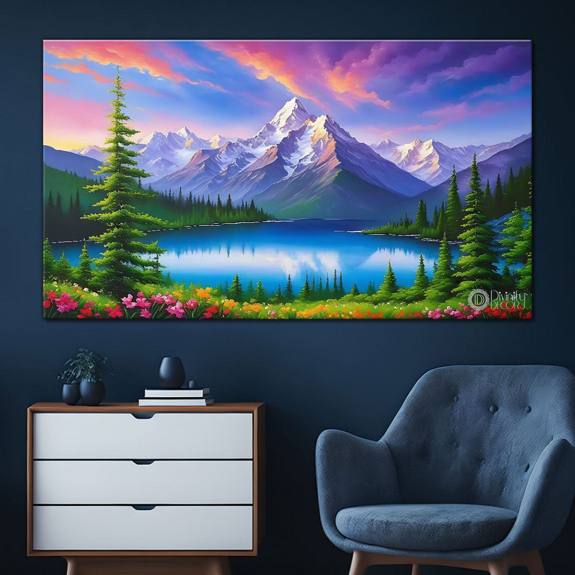 Mountains with river and trees in purple textured natural art Canvas Painting - Nature Art -72