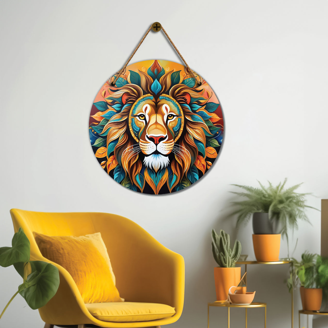 Lion in green and orange mandala Round Wooden Wall Hanging for wall Décor - Design - 72