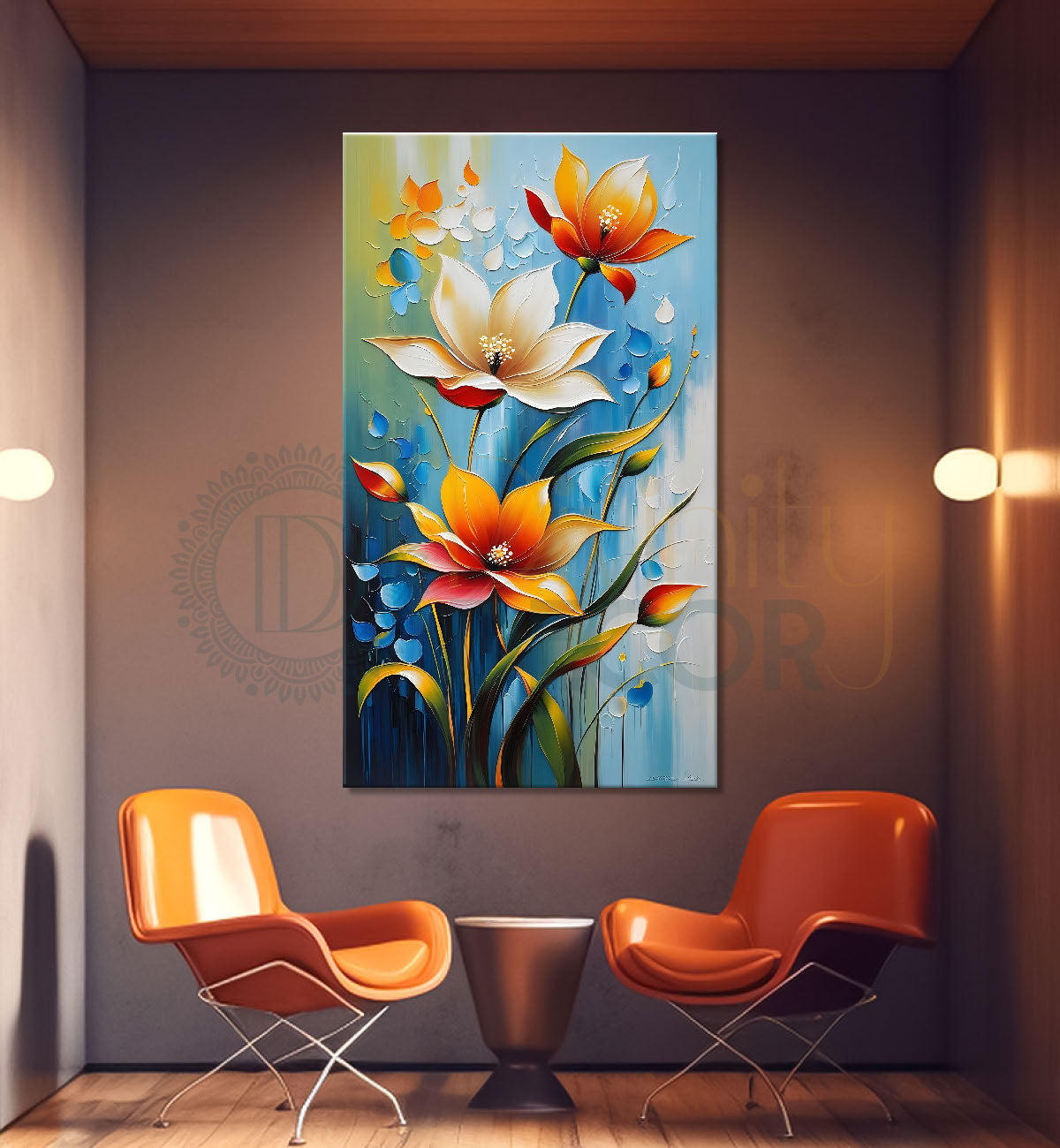 Orange and white flowers in blue textured background painting - Flower-V-72