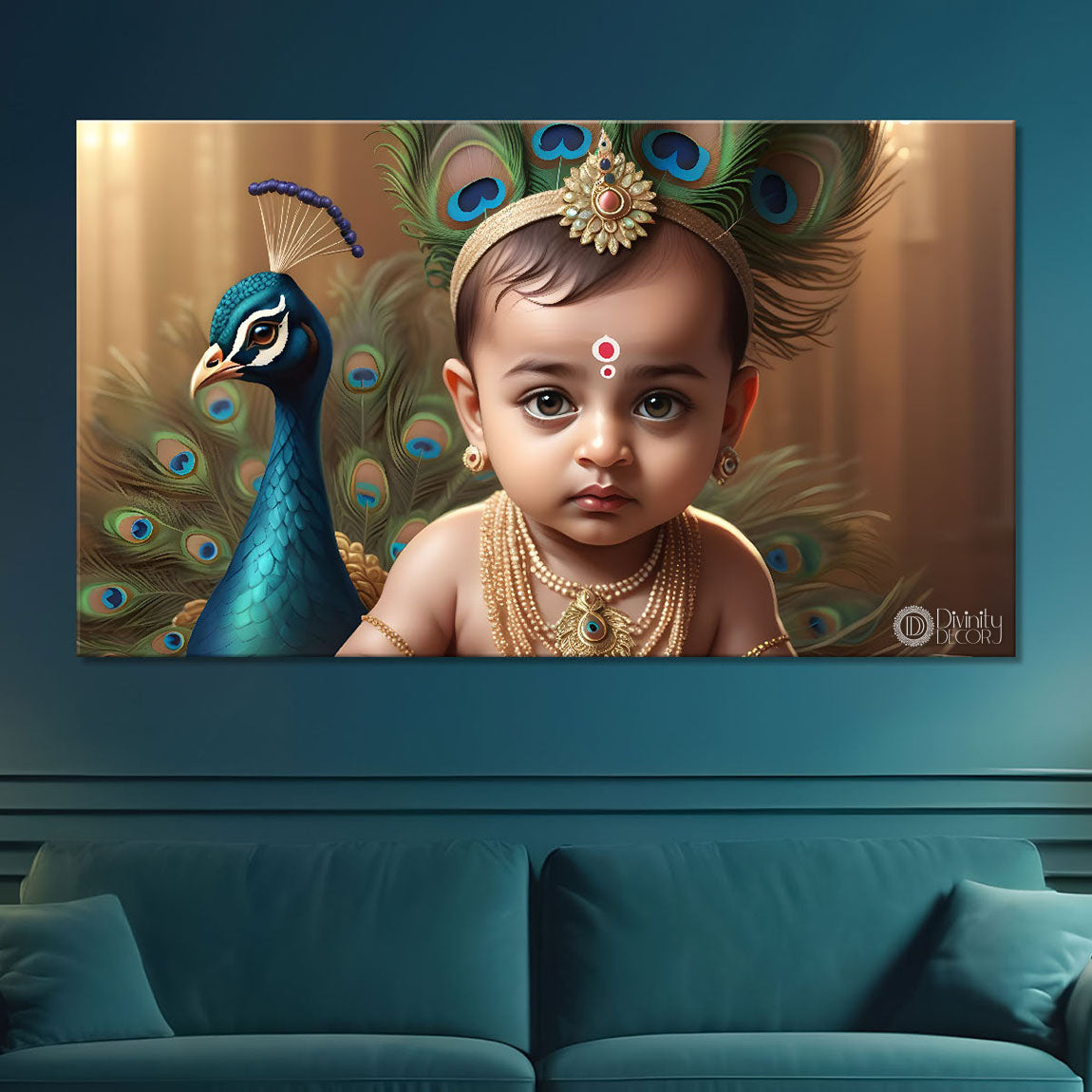 Baby with peacock painting Canvas Painting - Design - Krishna-73