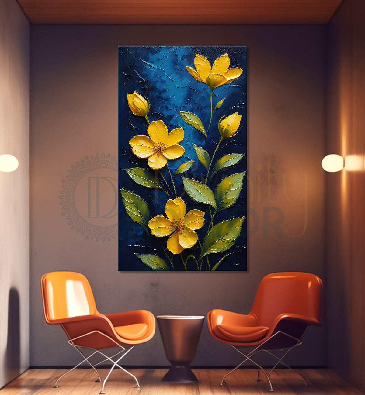 Yellow flowers in navy blue textured background painting - Flower-V-73