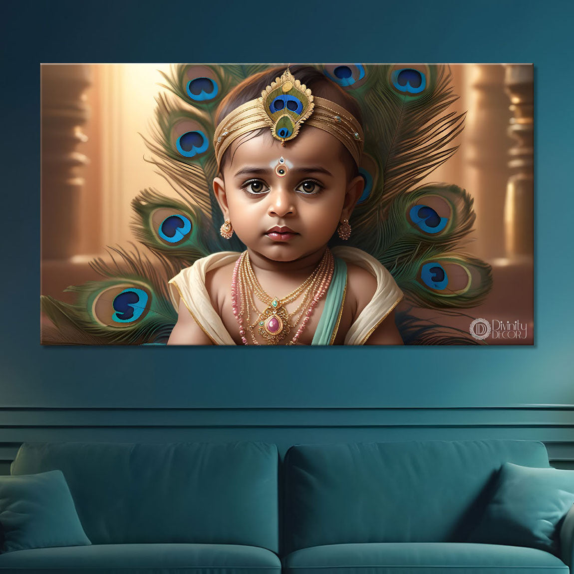 Baby with peacock feathers painting Canvas Painting - Design - Krishna-74