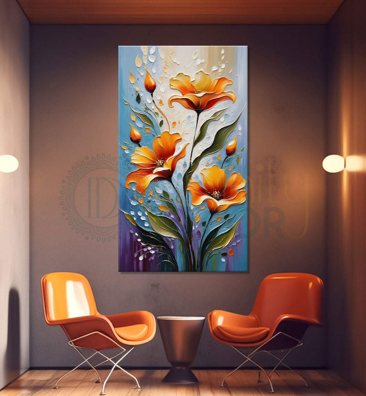 Orange flowers in blue textured background painting - Flower-V-74