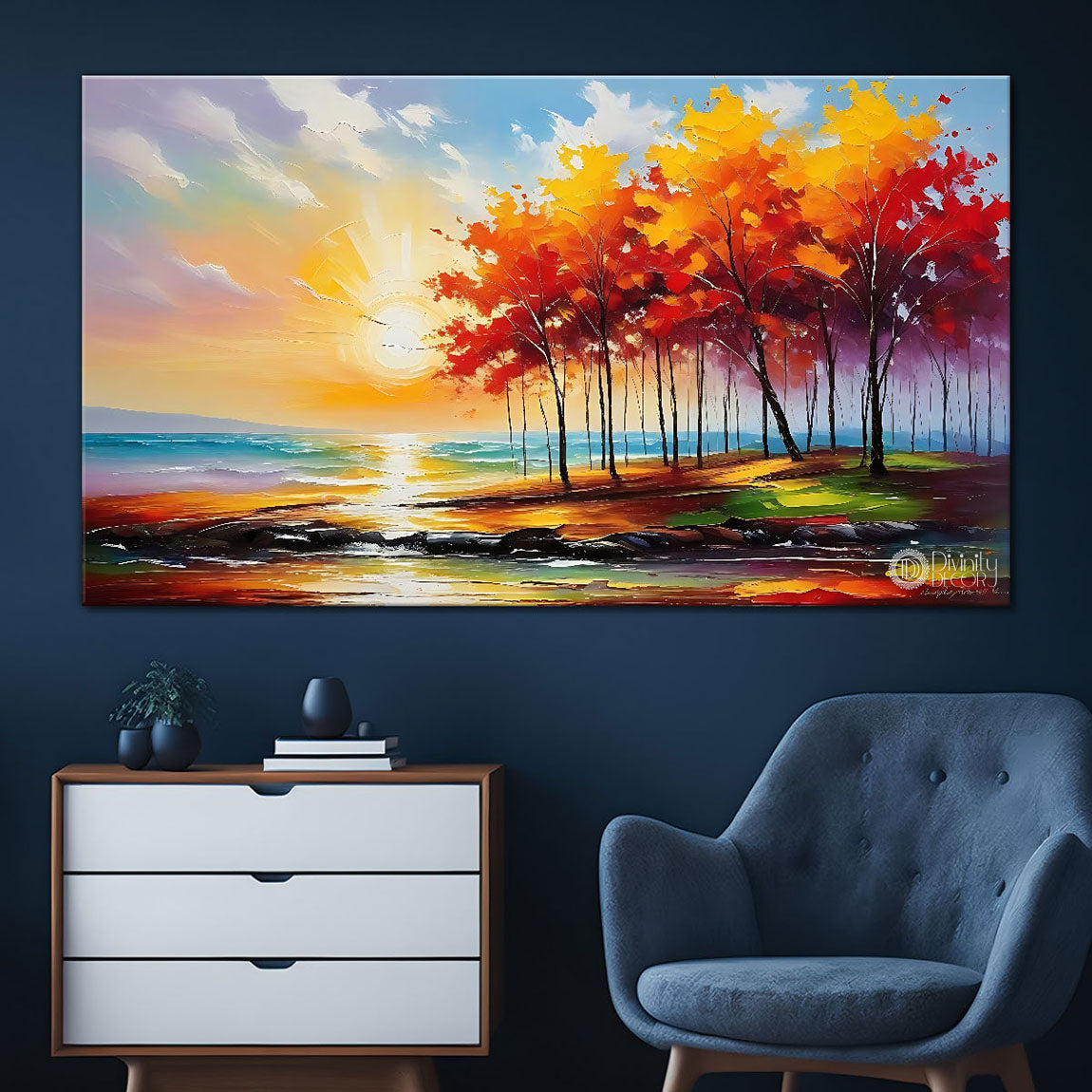 Orange trees with sunrise in textured natural art Canvas Painting - Nature Art -74