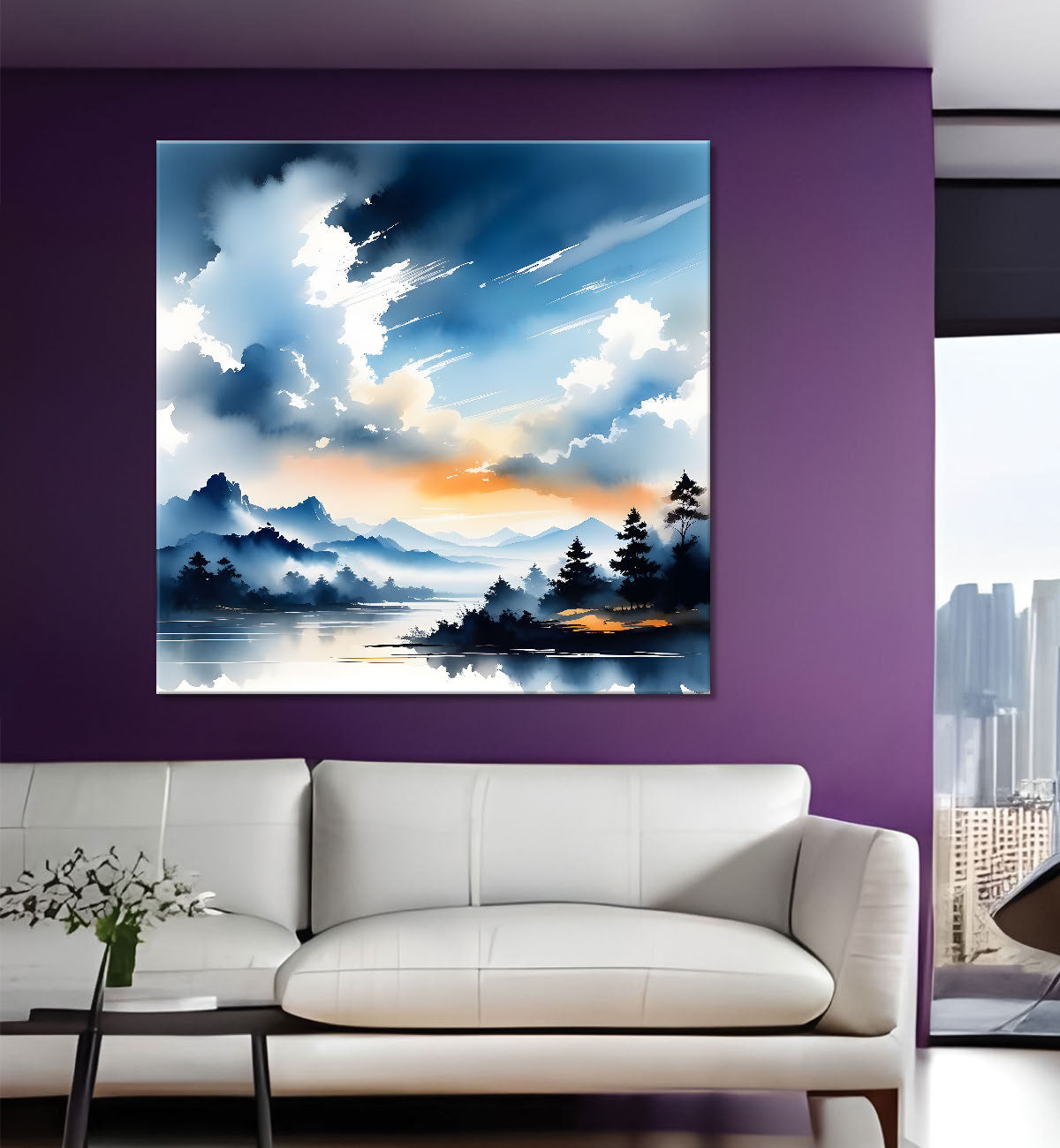 Mountains and the river with tree water colour painting 24X24- Nature Art -S-74